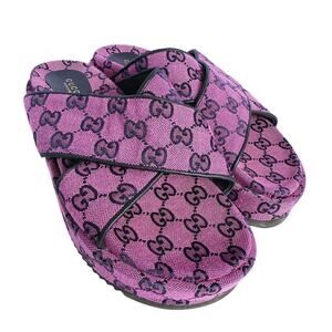 Gucci GG Print Platform Sandals Slides 10.5 Purple Black Luxury Designer Y2K 90s